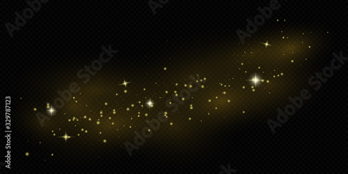 Dust sparks and golden stars. Gold sparks glitter light effect. Christmas shine.