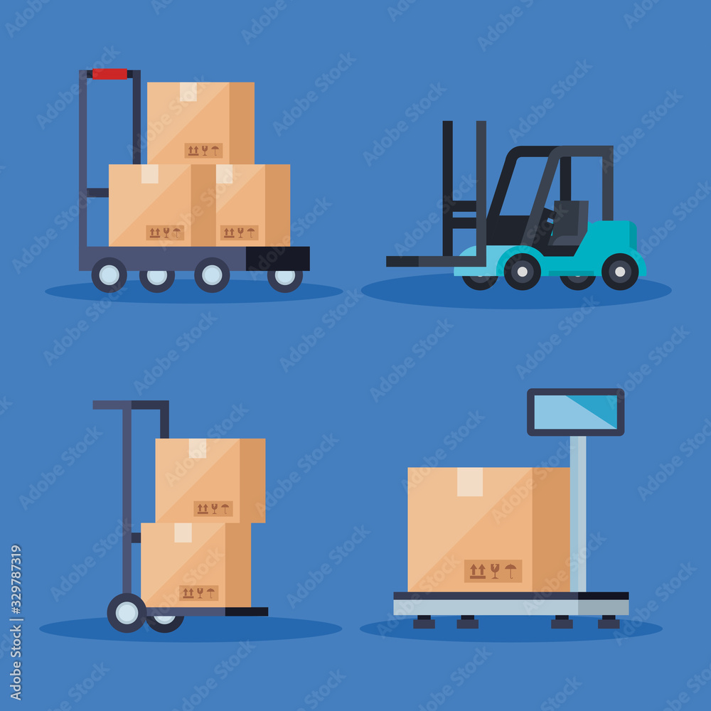 forklift boxes cart and scale design, Delivery logistics transportation shipping service warehouse industry and global theme Vector illustration forklift boxes cart and scale design, Delivery logistics transportation shipping service warehouse industry and global theme Vector illustration