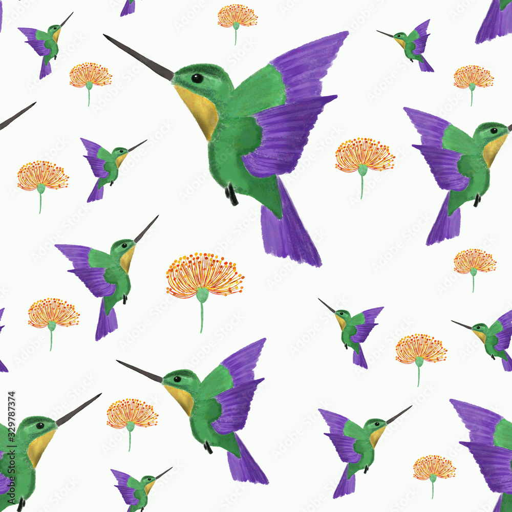 seamless pattern with birds/colibri/hummingbird and orange tropical flower on white background. Exotic summer pattern. Print, packaging, wallpaper, textile, fabric design