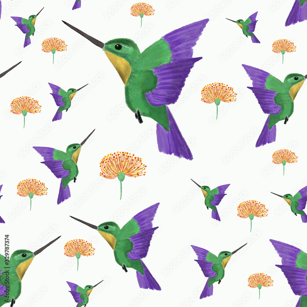 Fototapeta premium seamless pattern with birds/colibri/hummingbird and orange tropical flower on white background. Exotic summer pattern. Print, packaging, wallpaper, textile, fabric design