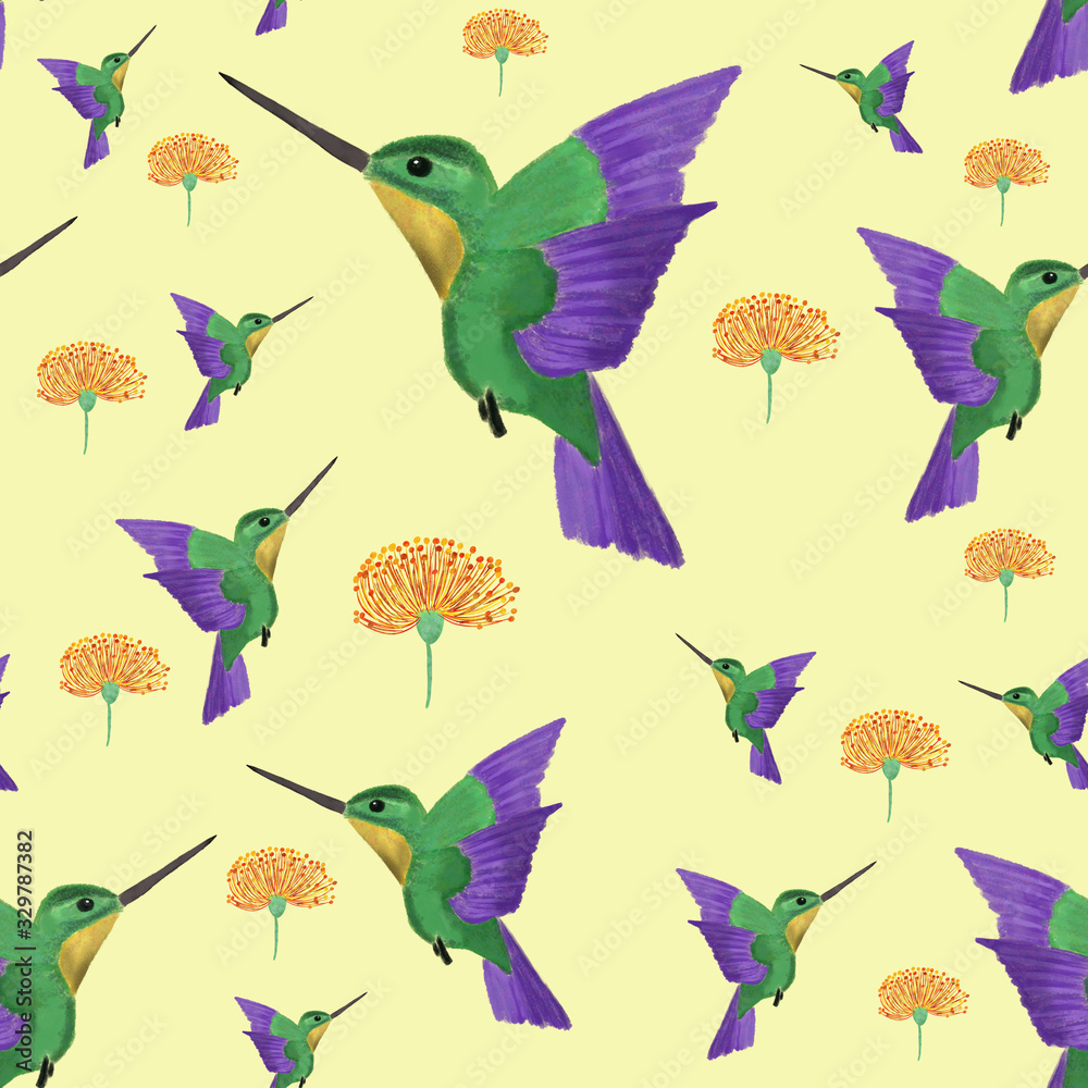seamless pattern with colorful birds/colibri and tropical orange flowers on light yellow background. Tropical summer print. packaging, wallpaper, textile, fabric design
