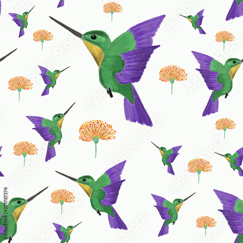 seamless pattern with birds colibri hummingbird and orange tropical flower on white background. Exotic summer pattern. Print  packaging  wallpaper  textile  fabric design