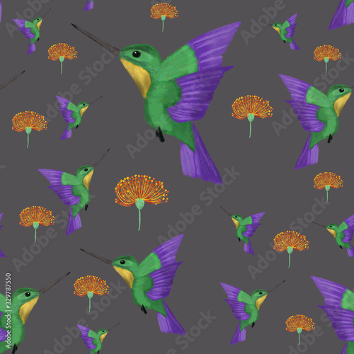 Exotic tropical summer print. Watercolor colibri and orange flower on grey background. Seamless pattern.