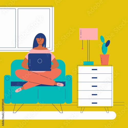 Cute young woman sitting with laptop computer in cozy room. girl working at home. Daily life of freelance worker. Flat cartoon vector illustration