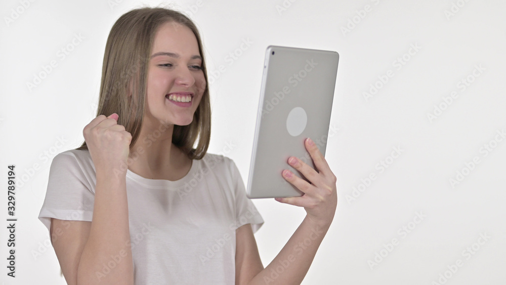 Portrait of Cheerful Young Woman Celebrating on Tablet Portrait of Cheerful Young Woman Celebrating on Tablet