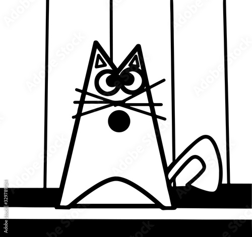 Black and white cartoon cat on a black and white striped background. Vector illustration. Sketch.