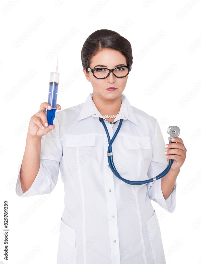 Beautiful woman doctor with syringe and stethoscope isolated Beautiful woman doctor with syringe and stethoscope isolated