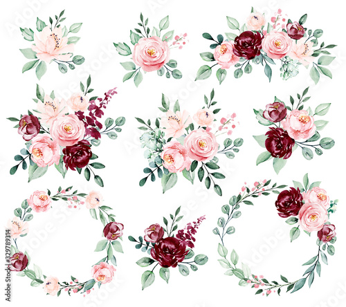 Roses, set watercolor flowers painting, floral vintage bouquets illustrations. Decoration for poster, greeting card, birthday, wedding design. Isolated on white background. © Larisa
