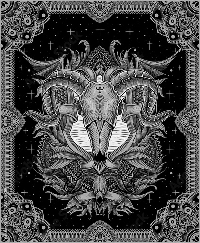 goat skull head with gothic vintage pattern-vector dark art