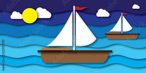 Sailboat in the sea. Sun, clouds, tropical island with a beach and coconut palms