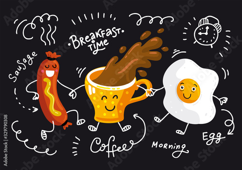 Breakfast time. Vector placemat or poster with calligraphy lettering. Flat chalk illustration of dancing coffee cup, sausage, egg. Cafe menu template