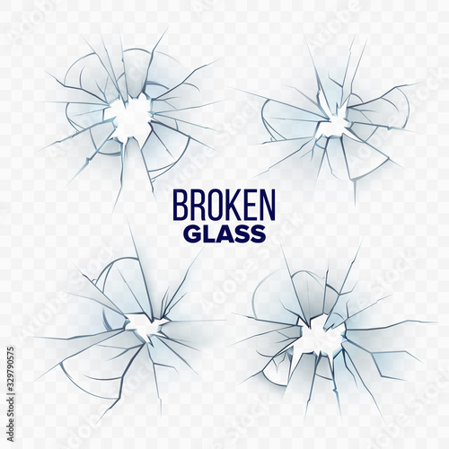 Broken And Smashed Glass Collection Set Vector. Different Accident Crashed, Damaged And Shattered Glass. Destruction Texture Screen Material Transparent Concept Template Realistic 3d Illustrations