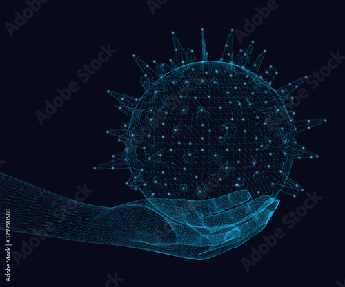 Polygonal hand of a person holds a molecule with luminous lights. Wireframe of virus from blue lines on a dark background