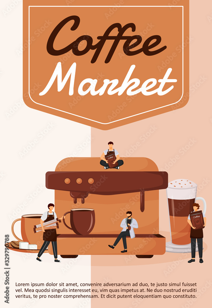 Coffee market poster flat vector template. Business, entrepreneurship