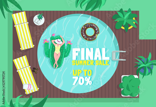 Final summer sale poster flat vector template. Purchase air mattresses. Inflatable water rows shop. Brochure, booklet one page concept design with cartoon characters. Pool equipment flyer, leaflet