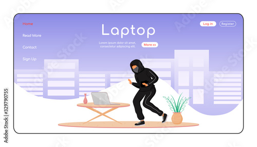Laptop theft landing page flat color vector template. Private property thievery. Burglar tiptoeing in house. Homepage layout. One page website interface with cartoon character. Web banner, webpage