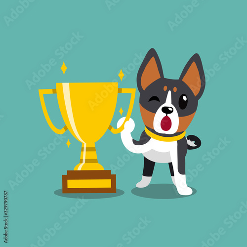 Cartoon character basenji dog with gold trophy cup award for design.