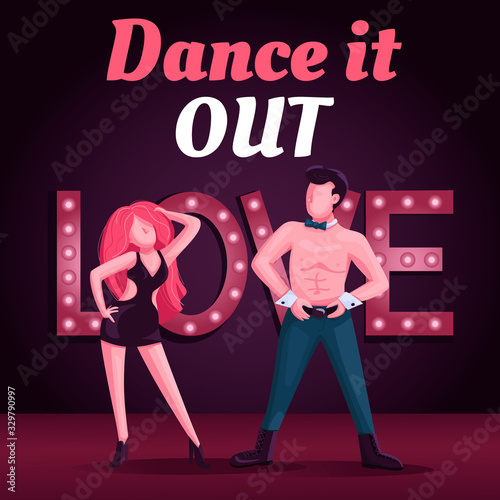 Strip club show social media post mockup. Dance it out phrase. Web banner design template. Striptease performance booster, content layout with inscription. Poster, print ads and flat illustration