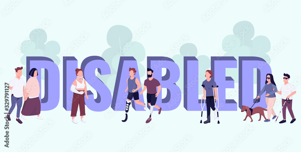 Disabled word concepts flat color vector banner. Isolated typography with tiny cartoon characters. People with disabilities and injuries active lifestyle creative illustration on blue