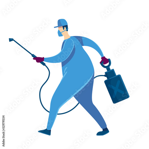 Disinfector flat color vector faceless character. Professional cleaner with dispenser. Sterilizing services. Home maintenance worker. Home improvement isolated cartoon illustration
