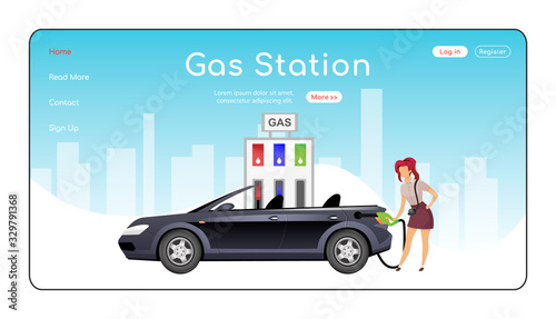Gas station landing page flat color vector template. Petrol stations network homepage layout. Car refuel one page website interface with cartoon character. Petroleum sale web banner, webpage