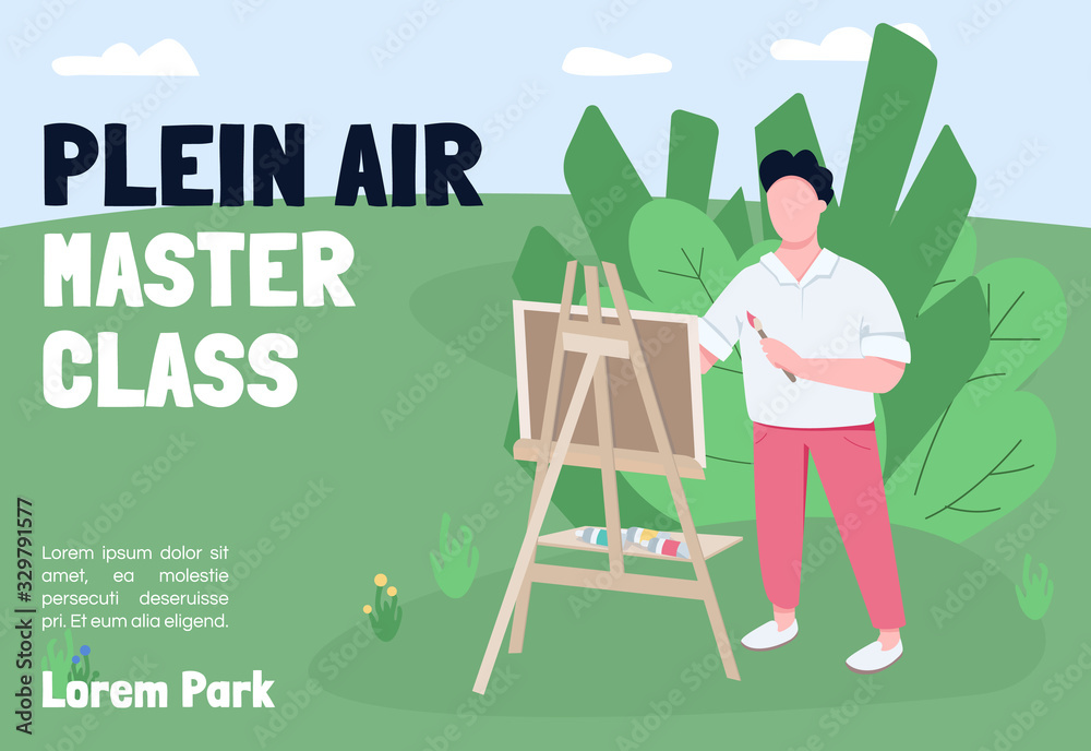Plein air master class banner flat vector template. Brochure, poster concept design with cartoon characters. Arts studio outdoor lesson horizontal flyer, drawing paintings leaflet with place for text