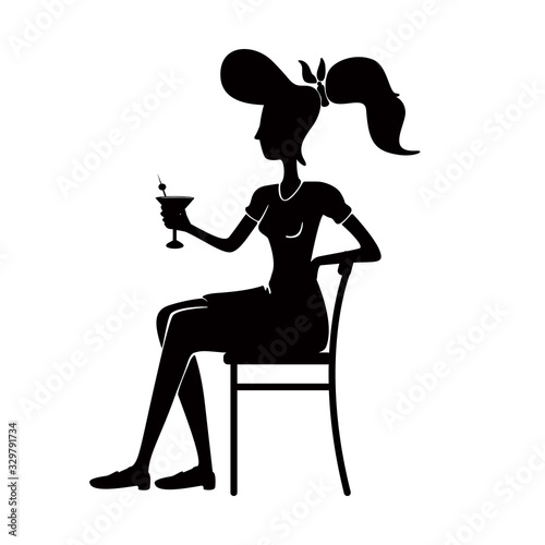 Retro style woman with cocktail black silhouette vector illustration. Sitting on chair person pose. Old fashioned lady drinking alcohol 2d cartoon character shape for commercial, animation, printing