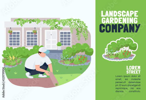 Landscape gardening company banner flat vector template. Brochure, poster concept design with cartoon characters. Courtyard greening service, lawn care horizontal flyer, leaflet with place for text