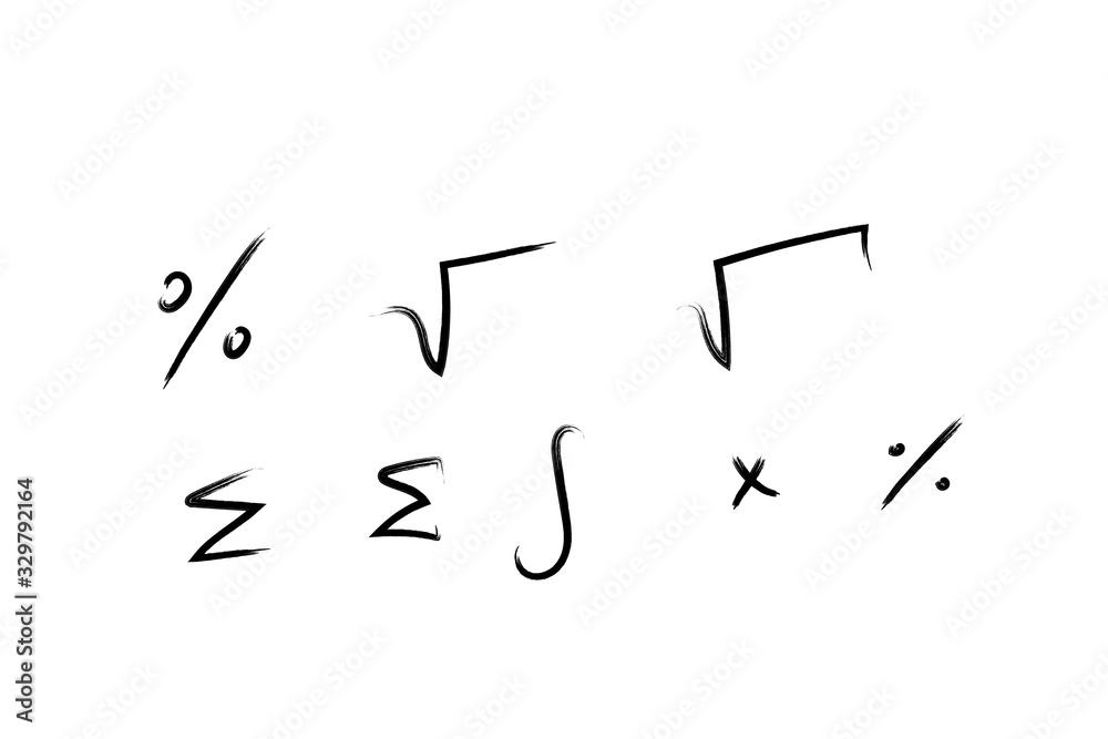 Mathematical symbols collection in sketch/doodle style. Square root, summer, integral, percentage, division, multiply signs. Hand drawn math elements vector illustration isolated on white background. Mathematical symbols collection in sketch/doodle style. Square root, summer, integral, percentage, division, multiply signs. Hand drawn math elements vector illustration isolated on white background.