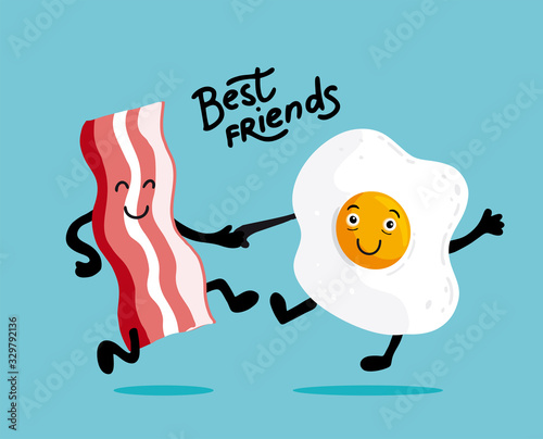 Best friends, breakfast time. Vector poster or greeting card with calligraphy lettering. Flat chalk illustration of dancing bacon and egg. Cafe menu template