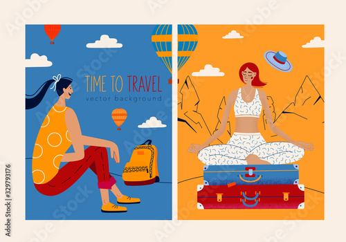 Bright travel illustration.Women traveler with backpack watching the  air balloons at the hill of Cappadocia, Turkey. And young woman sits on a stack of suitcases in a yoga lotus pose. 