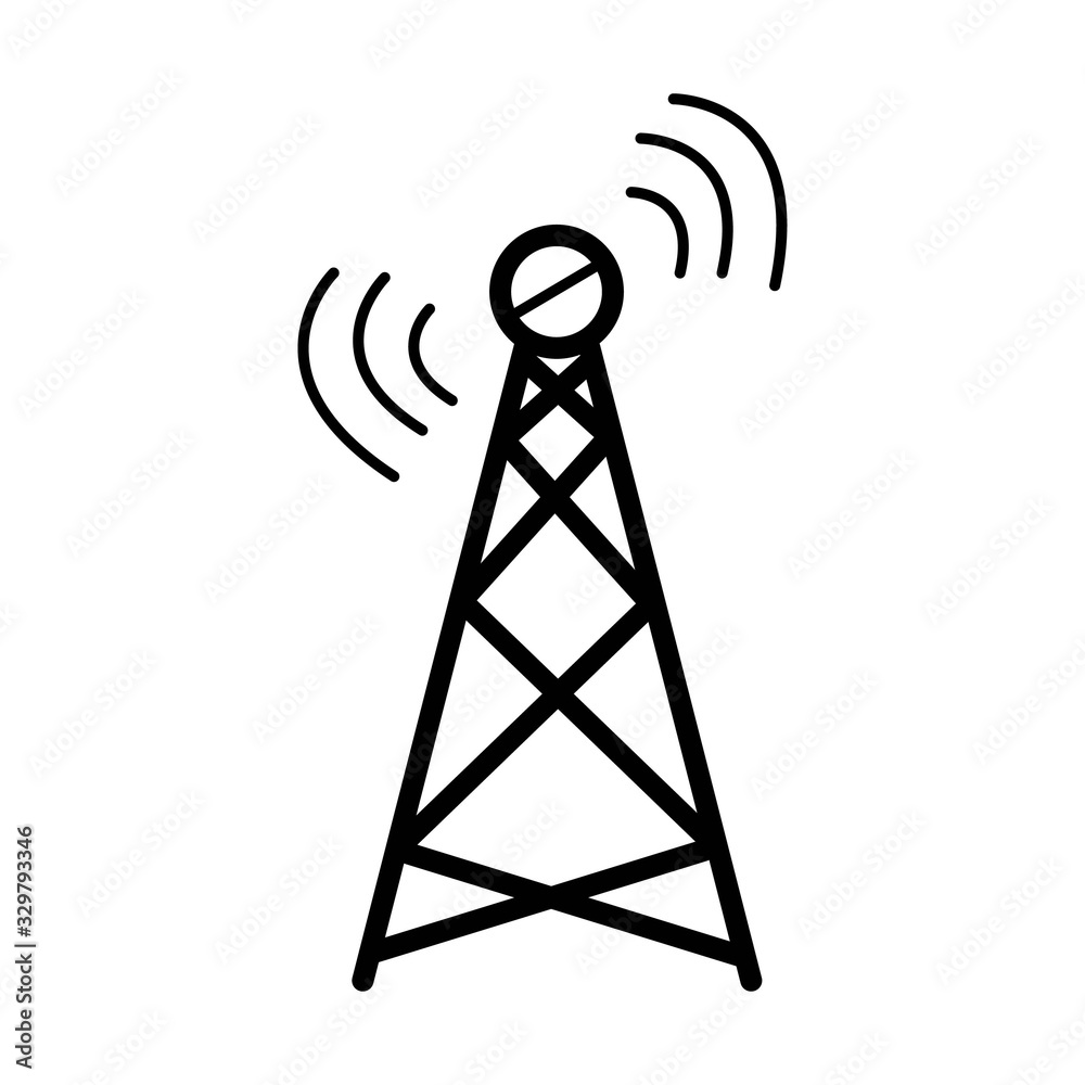 Radio tower / mast with radio waves for broadcast transmission line art vector icon for apps and websites Radio tower / mast with radio waves for broadcast transmission line art vector icon for apps and websites