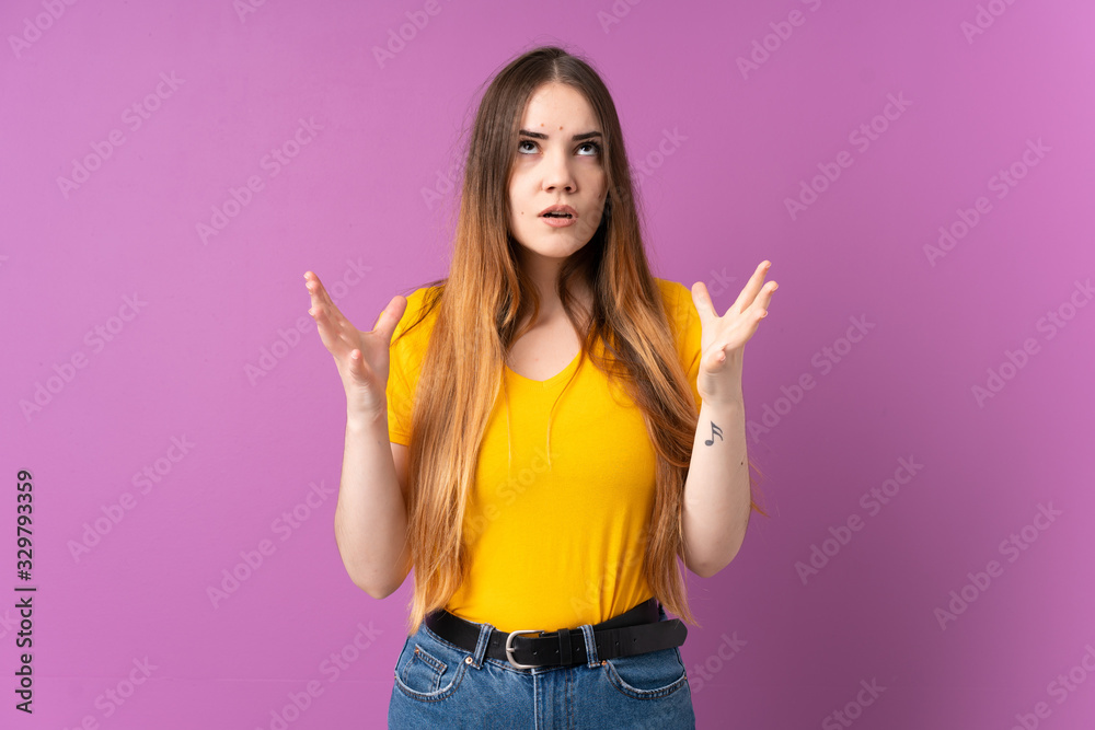 Young caucasian woman isolated on purple background stressed overwhelmed Young caucasian woman isolated on purple background stressed overwhelmed