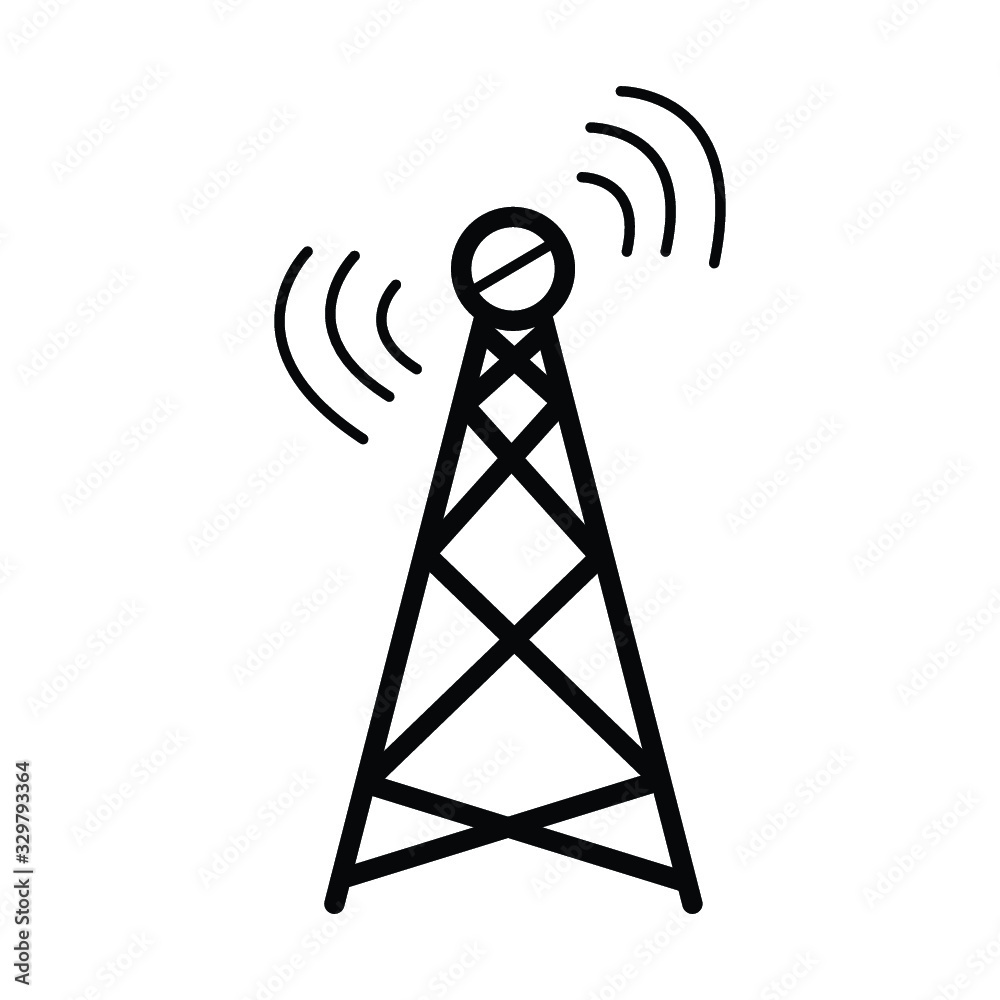 Radio tower / mast with radio waves for broadcast transmission line art vector icon for apps and websites Radio tower / mast with radio waves for broadcast transmission line art vector icon for apps and websites