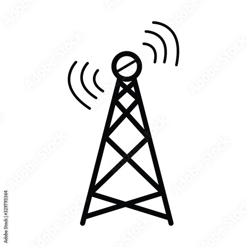 Radio tower / mast with radio waves for broadcast transmission line art vector icon for apps and websites