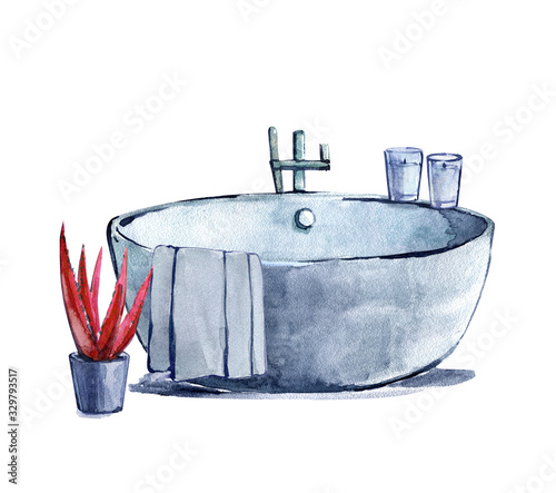 Bathroom bath towel plant pot candle design interior watercolor illustration isolated