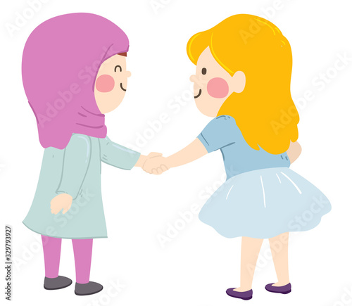 Kids Girls Muslim Shake Hands Illustration