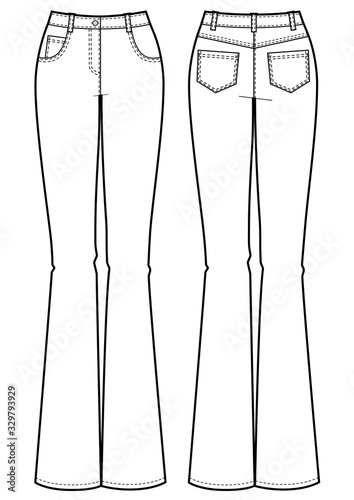 flared jeans isolated, front and back. Black and white.