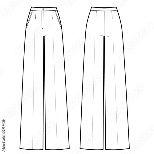 Vector illustration of women's wide classic pants. Front and back views