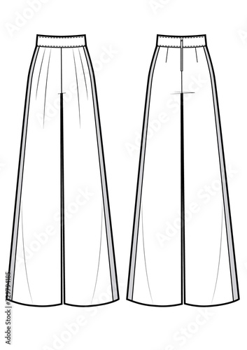 Vector illustration of women's wide classic pants with lampas. Front and back views