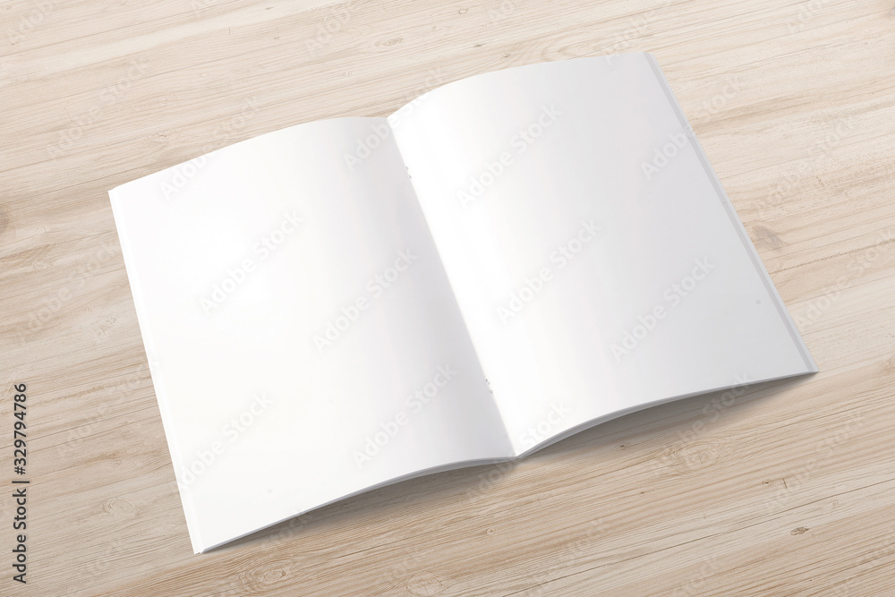 Opened magazine or brochure on wooden desk. Mockup template for your showcase. Opened magazine or brochure on wooden desk. Mockup template for your showcase.