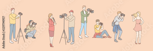 Set of photo and videographers, paparazzi, journalist concept. Photo, video shooting. Group of men women photographers and cameramen shooting video taking pictures. Model agency, tv reporter. Vector
