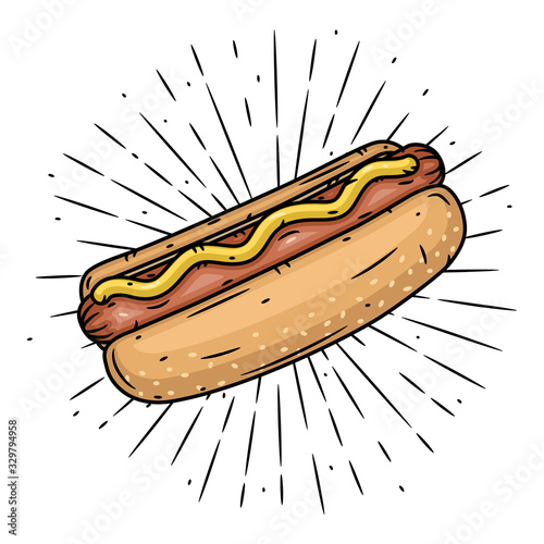 Hot dog and divergent rays. Hand drawn vector illustration. Used for poster, banner, web, t-shirt print, bag print, badges, flyer, logo design and more.