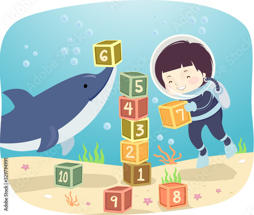 Kid Boy Underwater Play Dolphin Illustration
