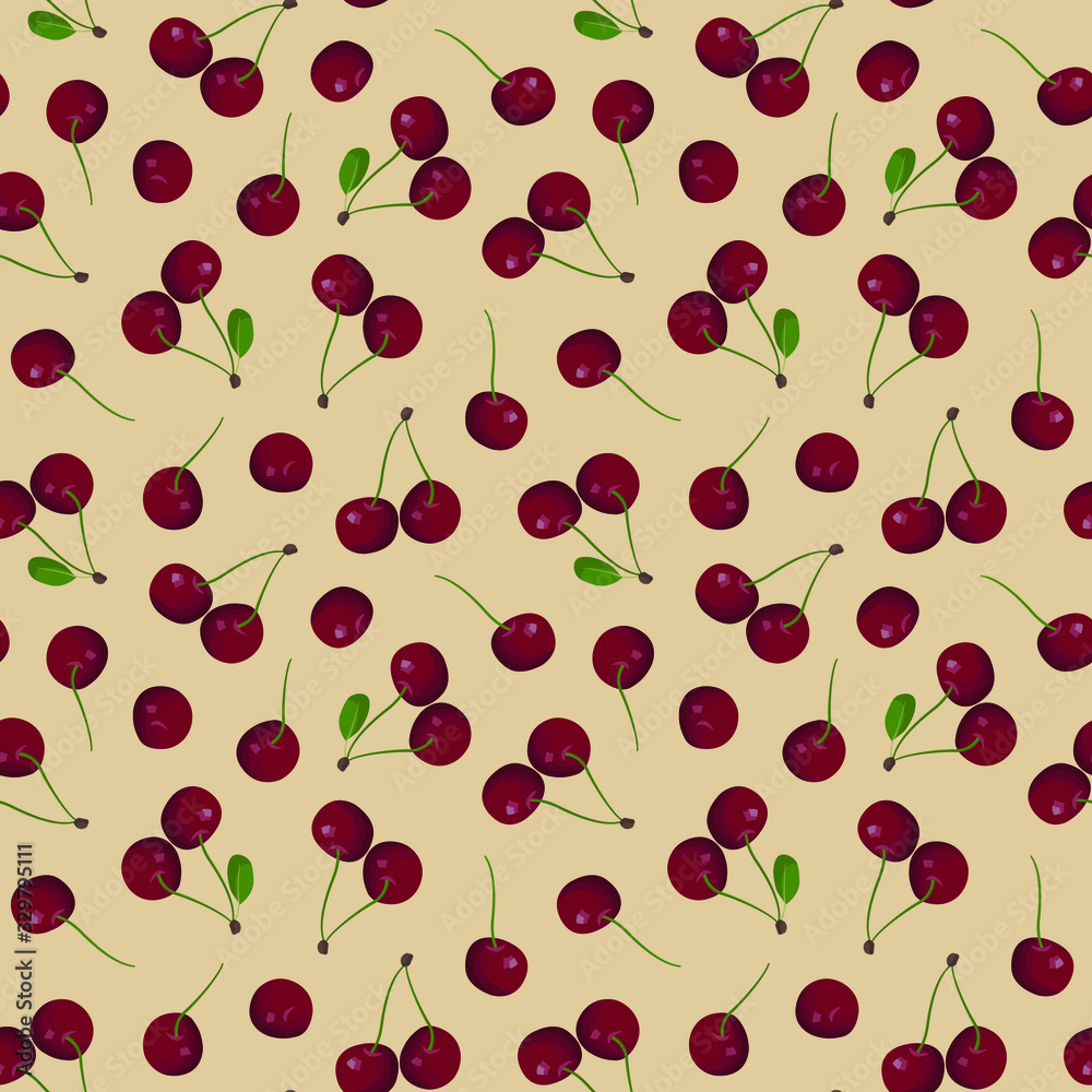 Cherry seamless pattern; juicy cherry with leaves on orange background for fabric, wallpaper, packaging, textile, web design. Cherry seamless pattern; juicy cherry with leaves on orange background for fabric, wallpaper, packaging, textile, web design.