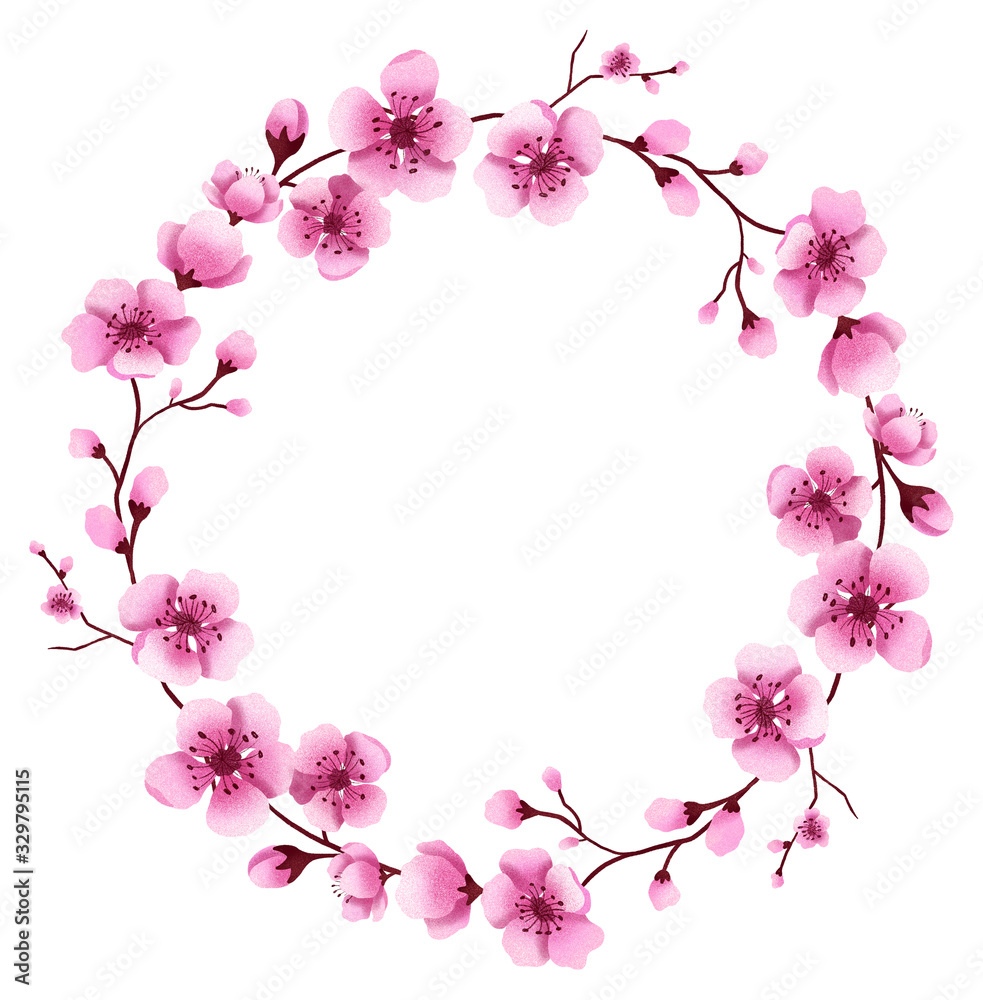 Hand drawn isolated cherry blossom wreath. Sakura flower illustration composition. Sakura blossom wreath. Botanical illustration. Floral arrangement circle frame. 