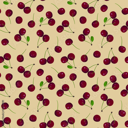 Cherry seamless pattern; juicy cherry with leaves on orange background for fabric, wallpaper, packaging, textile, web design.