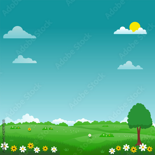 Beautiful nature landscape vector illustration with bright sky, green meadow and flowers suitable for summer background or kids background 