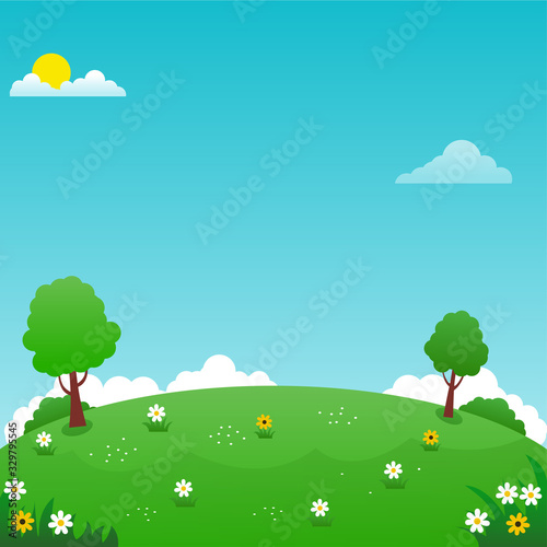 Beautiful nature landscape vector illustration with bright sky, green meadow and flowers suitable for summer background or kids background 