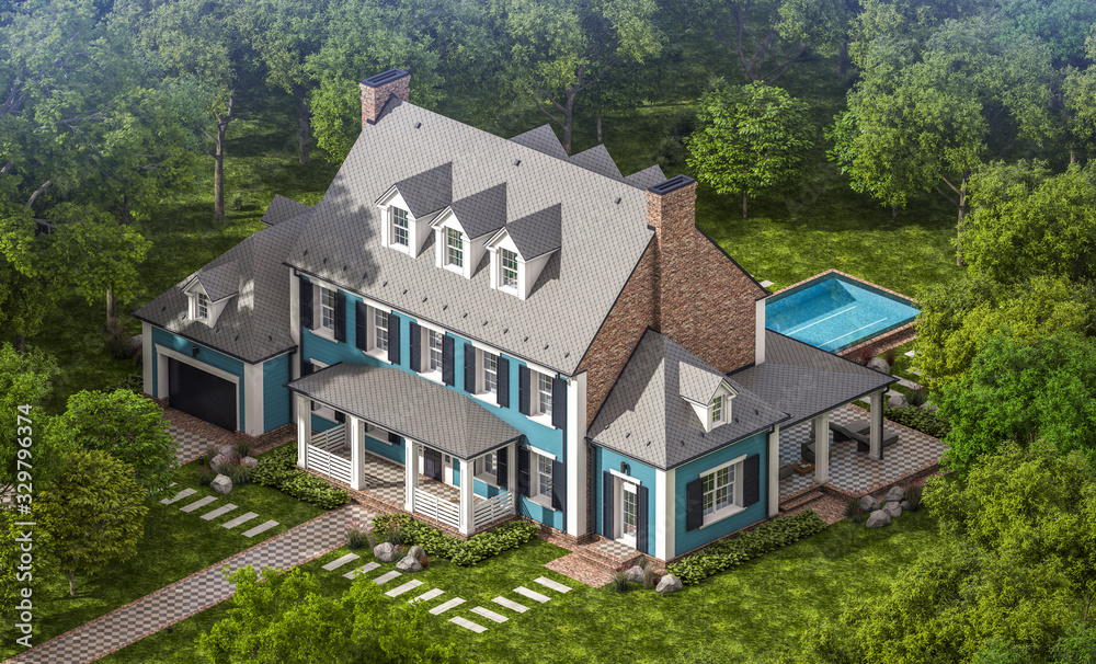 3d rendering of modern cozy classic house in colonial style with garage and pool for sale or rent with beautiful landscaping on background. Clear sunny summer day with blue sky. 3d rendering of modern cozy classic house in colonial style with garage and pool for sale or rent with beautiful landscaping on background. Clear sunny summer day with blue sky.